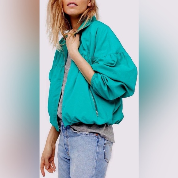 Free People Jackets & Blazers - Free People Balloon Bomber Jacket Bright Teal Zip Retro Windbreaker Green Nylon
